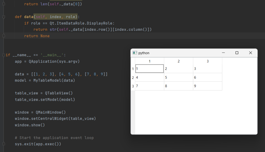 파이썬 pyqt6 qtableview 보기